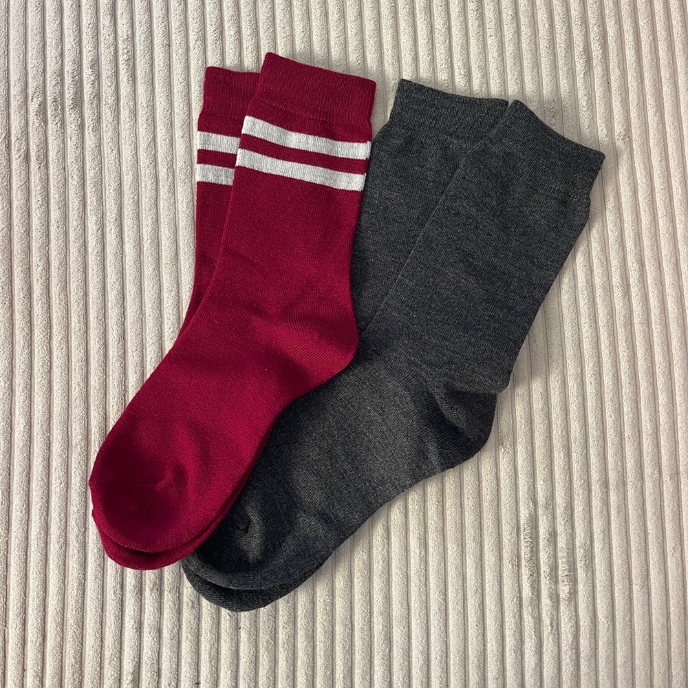 Set of 2 pairs Crew Tube Socks Burgundy Red with White Stripes and Gray NWOT